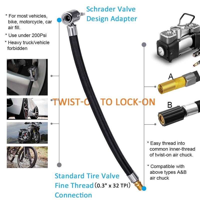 LUMITECO 2 PCS Locking Air Chuck with Air Hose and Standard Tire Valve Fine Thread, Air Inflator Hose Adapter for Twist On Convert to Lock On Connection - Image 5